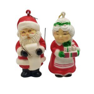 Vintage Santa & Mrs Clause Ornament Set Christmas Holiday Hong Kong Plastic Red